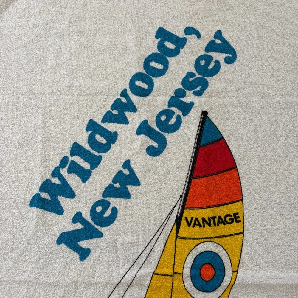 Vtg 80s Wildwood New Jersey 1980 RJR Tob. Co. Beach Towel Retro Windsurf NOS
